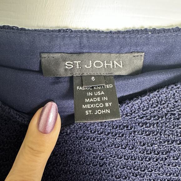St John Mini Knit Wool Blend Blue Navy Straight Skirt Pencil Size 6 Zip $495 - Picture 2 of 8
